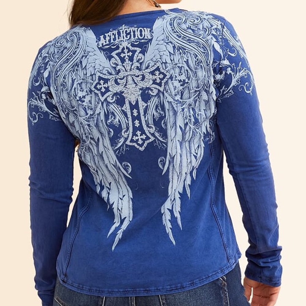 Affliction Women's Medium Angel Winged Cross Blue Long Sleeve Tee